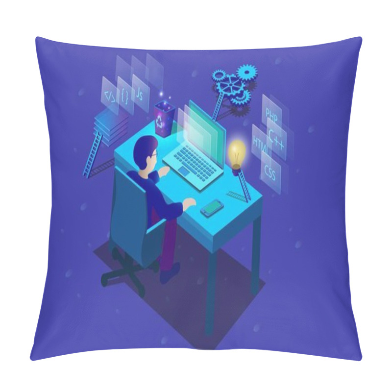 Personality  3d Isometric Digital Design Programing Software And Technologies. Man On The Computer Working At New Website Design. Pillow Covers