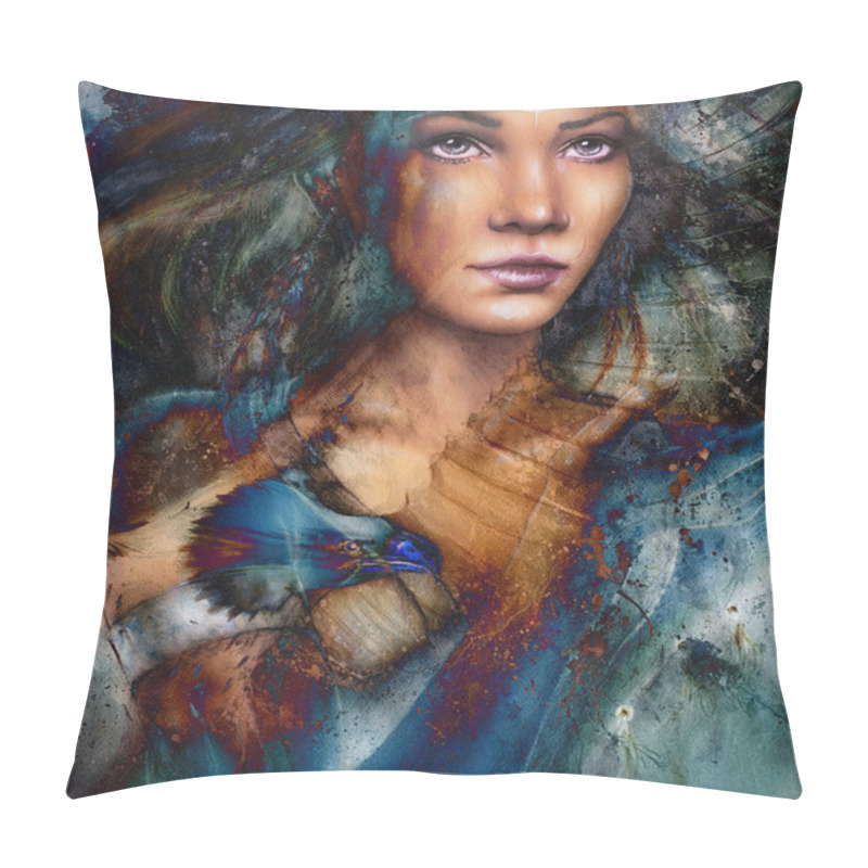 Personality  Young Indian Woman With  Feather,with Ornamental Tattoo, On Structured Abstract Background. Pillow Covers