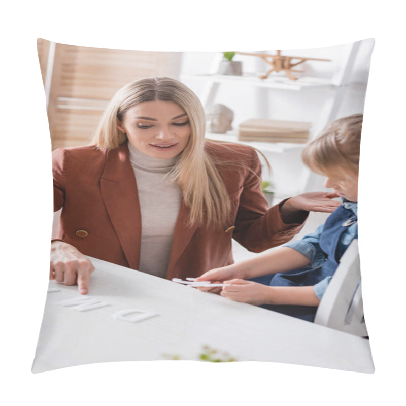 Personality  Speech Therapist Pointing At Letter Near Blurred Girl In Classroom  Pillow Covers