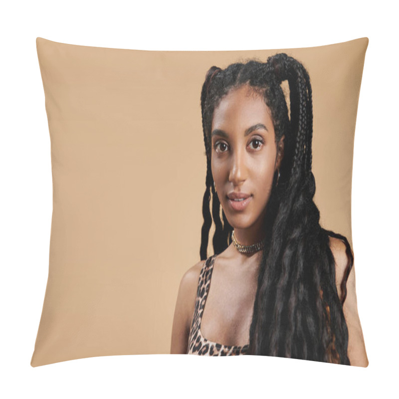 Personality  This Beautiful Young Woman Poses Confidently In Trendy Leopard Print Clothing, Exuding Charm. Pillow Covers