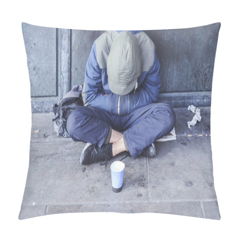 Personality  Homeless Man Sitting On Pavement With Cup For Handouts Pillow Covers