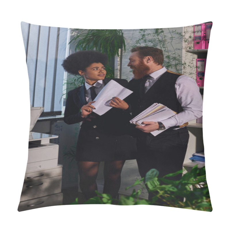 Personality  Bearded Businessman Seducing Indignant African American Secretary With Documents Near Copier Pillow Covers