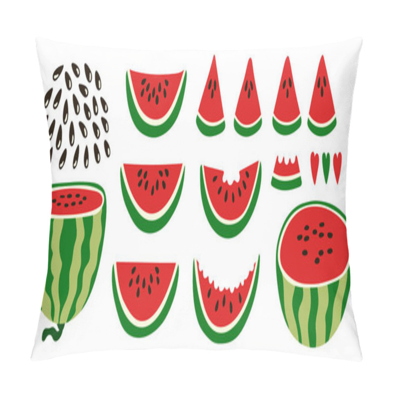 Personality  Ripe Red Watermelons. Whole, Slices, Seeds Of Watermelons. Set Of Juicy Fruits For Summer Design. Modern Illustration In Flat Style. Bright Colorful Elements. Pillow Covers