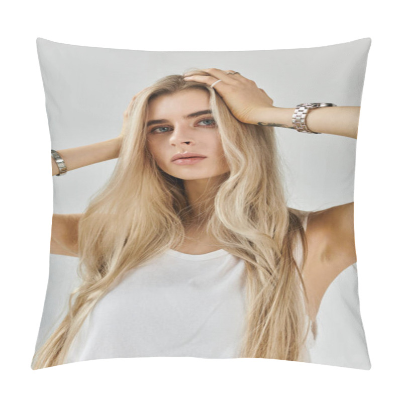 Personality  A Young Woman Poses Gracefully, Showcasing Her Long Blonde Hair And Casual Style In A Studio. Pillow Covers