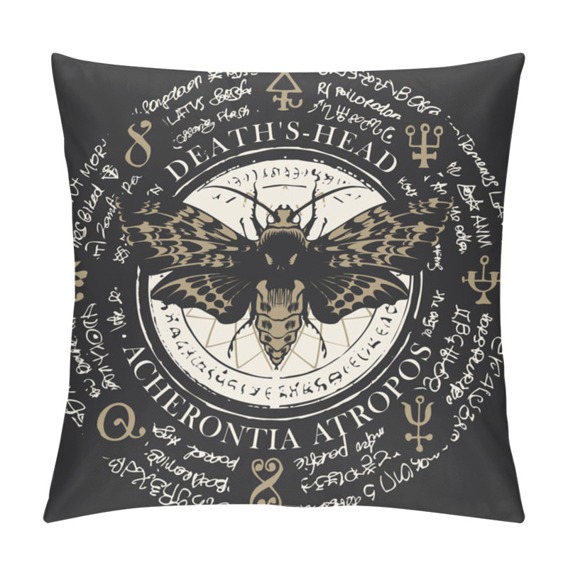 Personality  Illustration Of A Butterfly Dead Head With Skull-shaped Pattern On The Thorax On An Old Abstract Background With Magical Inscriptions And Symbols. Vector Banner In Retro Style Pillow Covers