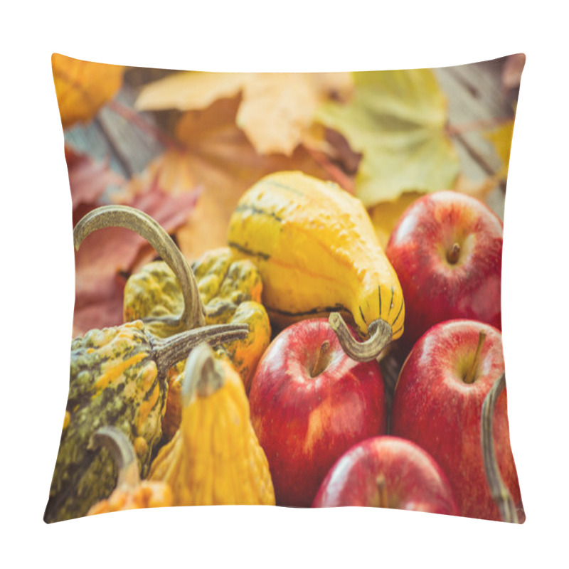 Personality  Decorative Gourds And Apples On A Dark Wooden Table Pillow Covers