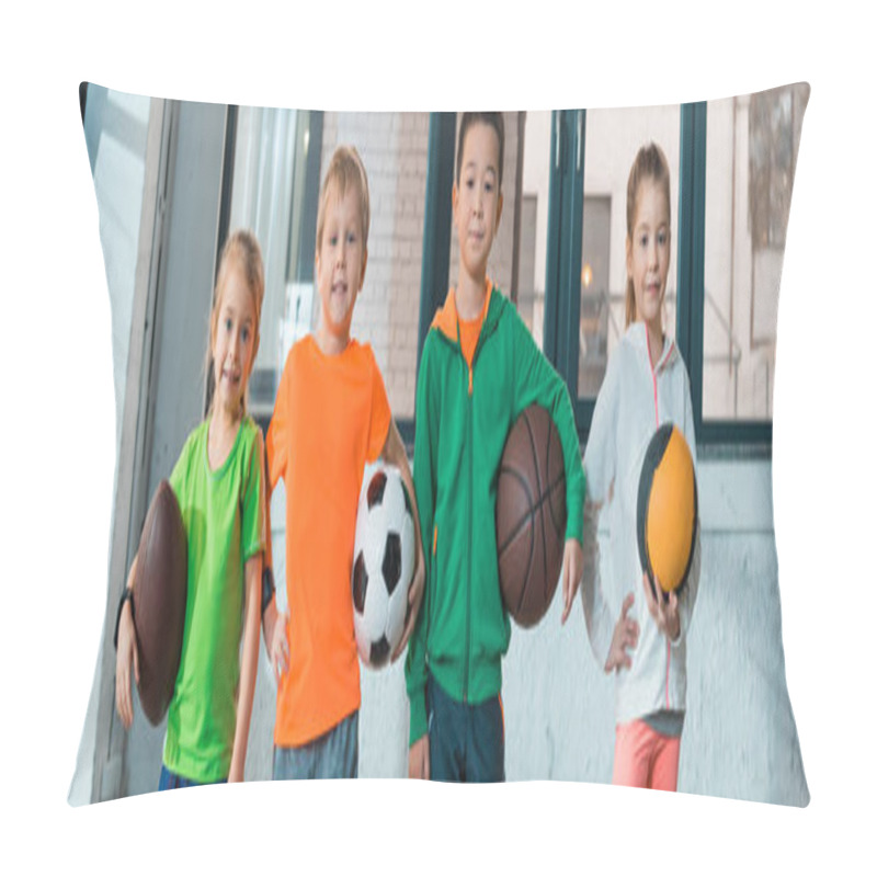 Personality  Front View Of Multicultural Children Holding Balls And Smiling Together In Gym, Panoramic Shot Pillow Covers