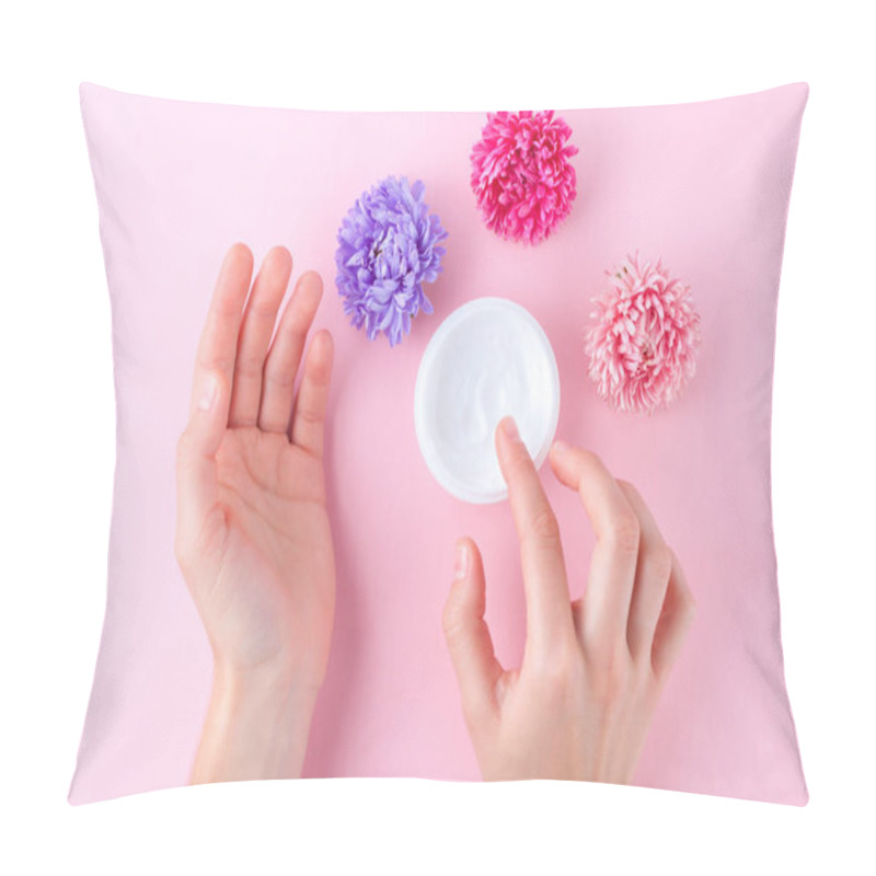 Personality  Hand Cream And Flowers On A Pink Background. Skin And Hand Care. Moisturizing And Eliminating The Dryness Of The Hands Skin Pillow Covers