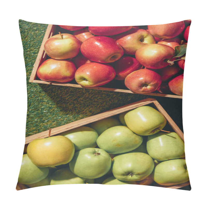 Personality  Top View Of Red And Green Apples In Wooden Boxes Pillow Covers