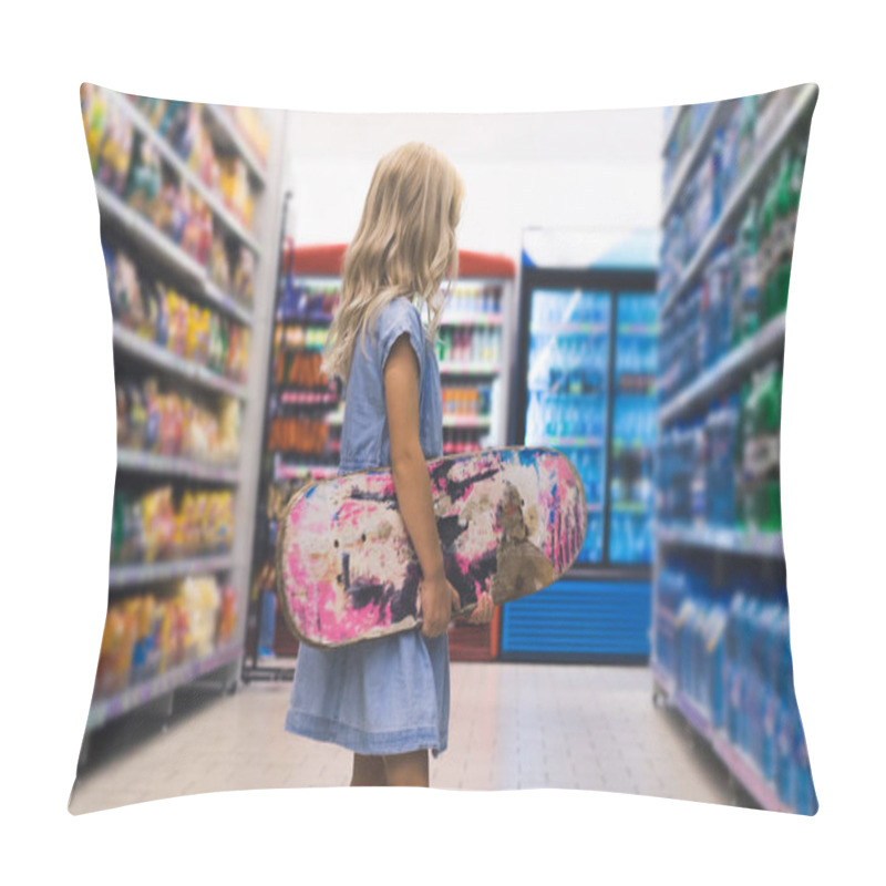 Personality  Blonde Kid With Skateboard Standing In Supermarket With Shelves Behind Pillow Covers