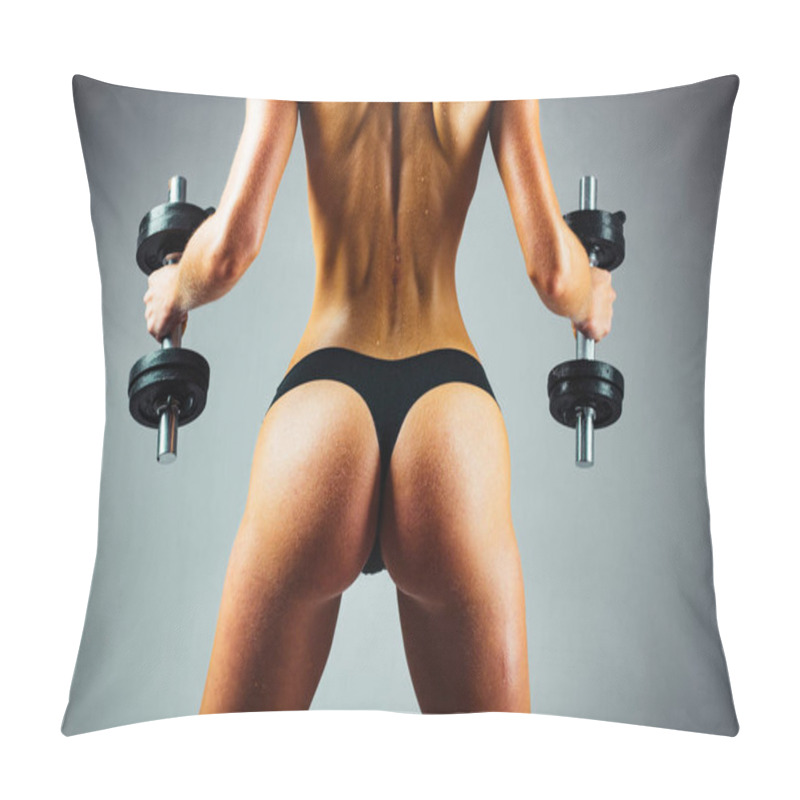 Personality  Attractive Female Doing Biceps Curl With Dumbbells In The Gym. Female Fitness Model. Healthy Woman Doing Workout. Pillow Covers