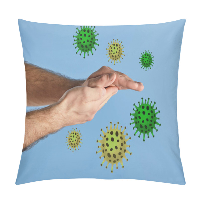 Personality  Partial View Of Man Washing Hands Isolated On Blue, Bacteria Illustration Pillow Covers