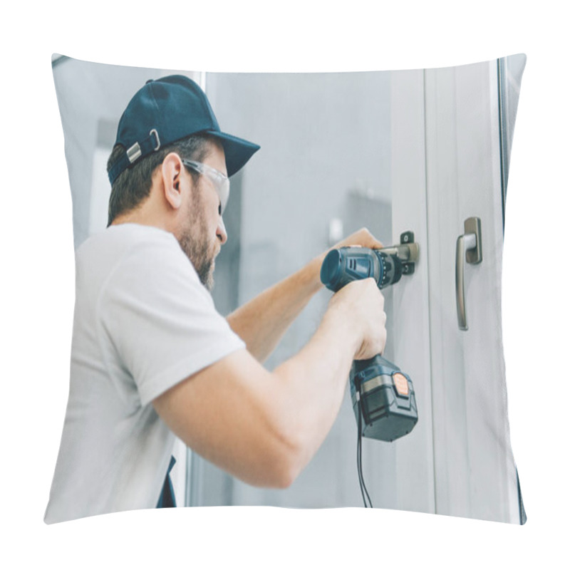 Personality  Handyman In Goggles Fixing Window Handle By Electric Drill  Pillow Covers