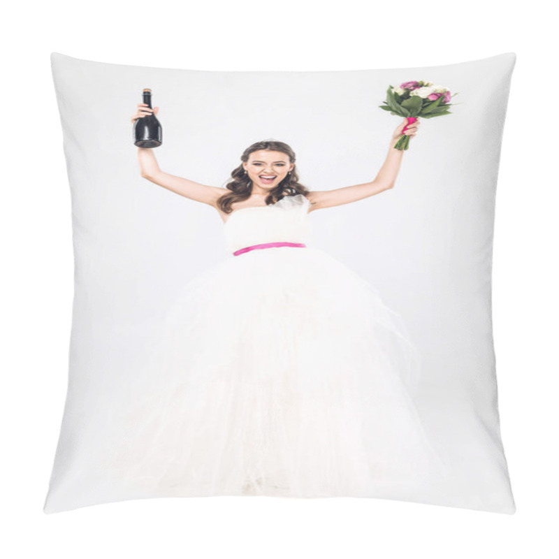 Personality  Celebrating Young Bride In Wedding Dress With Champagne Bottle And Bridal Bouquet Isolated On White Pillow Covers