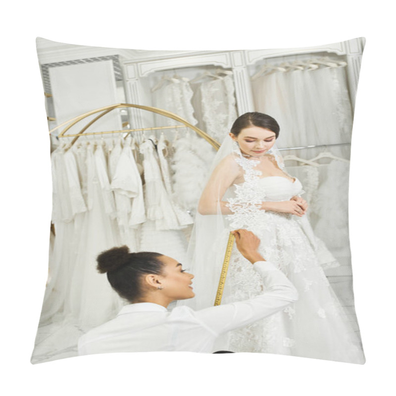 Personality  A Young Brunette Bride In A Wedding Dress Is Being Measured By An African American Shopping Assistant In A Bridal Salon. Pillow Covers