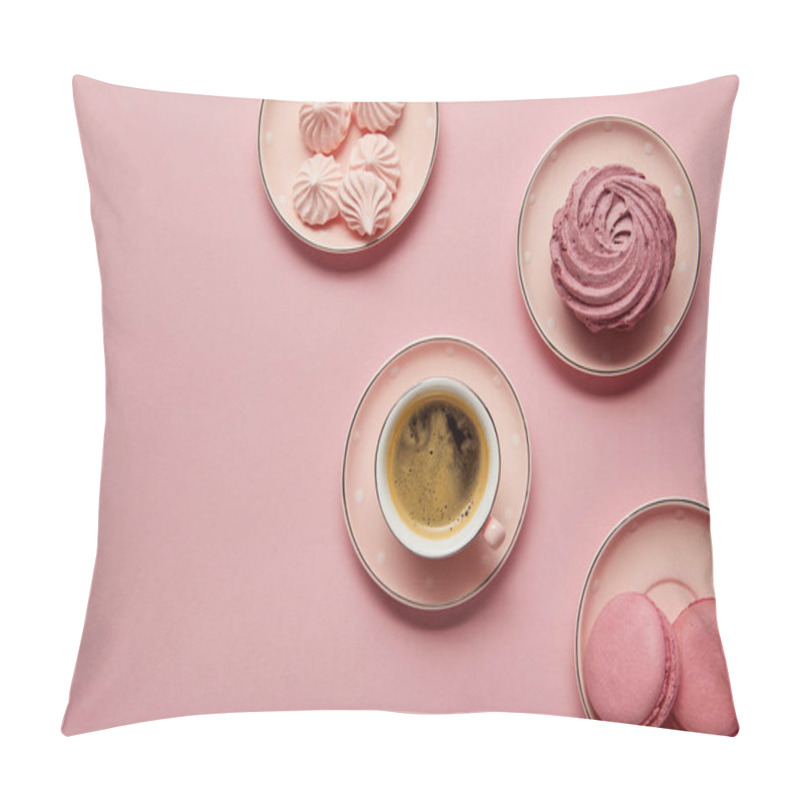 Personality  Top View Of Pink Dotted Saucers With Meringues, Macaroons And Cup Of Coffee On Pink Background Pillow Covers