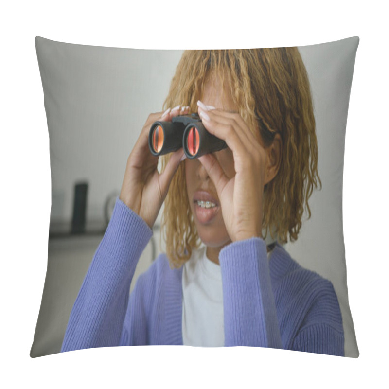 Personality  African American Curious Woman Ethnic Girl Suspicious Spy Female At Home Indoor Looking Through Binoculars Spying Gazing Looking Watching In Window Secret Observation Contemplating Jealousy Girlfriend Pillow Covers