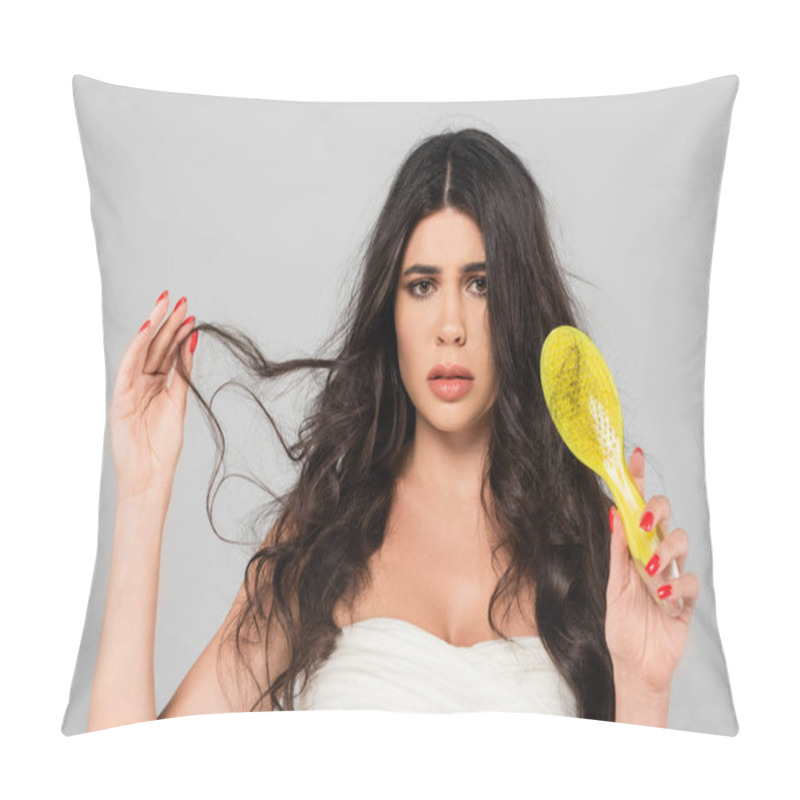 Personality  Displeased Woman Holding Damaged And Tangled Hair And Showing Hair Brush Isolated On Grey Pillow Covers