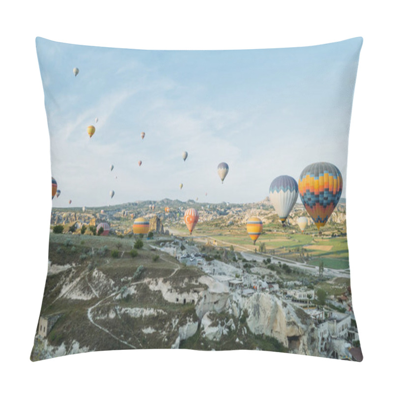 Personality  Front View Of Hot Air Balloons Flying Over Cityscape, Cappadocia, Turkey Pillow Covers