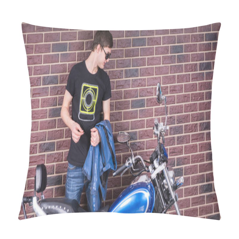 Personality  Man Holding A Jacket Looking At His Motorcycle Pillow Covers