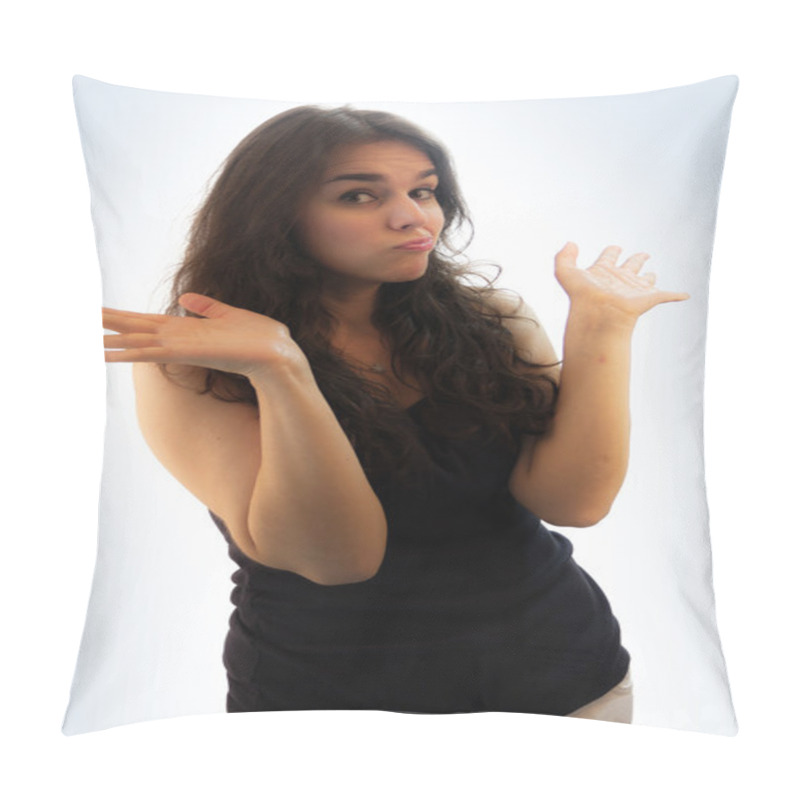 Personality  Young Girl Shrugging With I Do Not Know Gesture, Isolated On Whi Pillow Covers