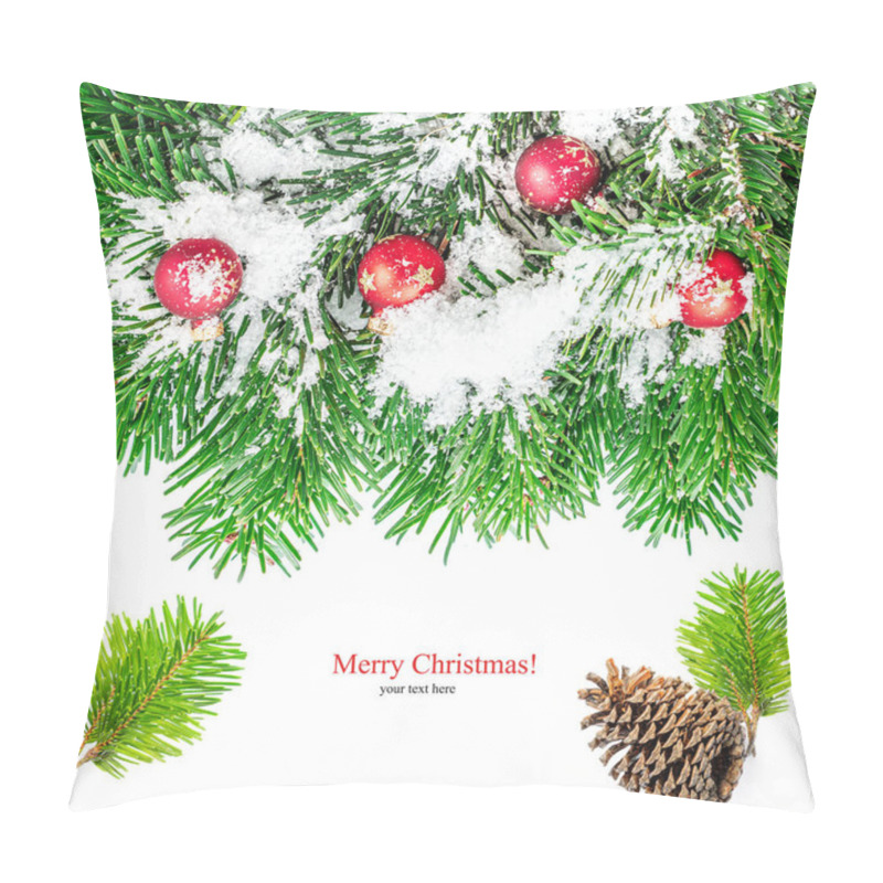 Personality  Christmas Border With Fir Branches, Pine Cone And Red Balls Isolated On White Background Pillow Covers