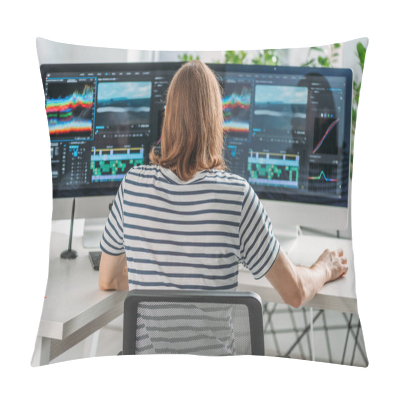 Personality  Back View Of Editor Working Near Computer Monitors  Pillow Covers