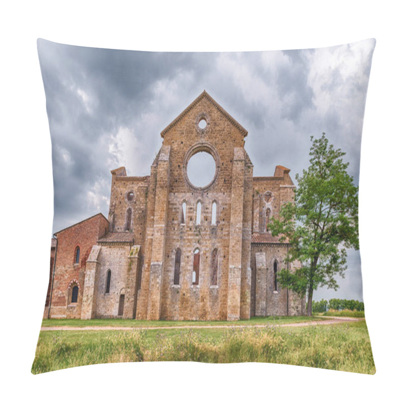 Personality  CHIUSDINO, ITALY - JUNE 22: Exterior View Of The Iconic Abbey Of San Galgano, A Cistercian Monastery In The Town Of Chiusdino, In The Province Of Siena, Italy, On June 22, 2019 Pillow Covers