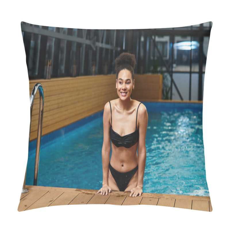 Personality  A Young African American Woman Smiles While Resting By The Poolside In A Serene Spa Environment. Pillow Covers