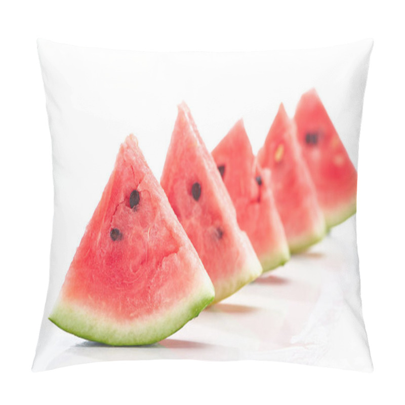 Personality  Delicious Juicy Watermelon Slices In Row On White Background Pillow Covers