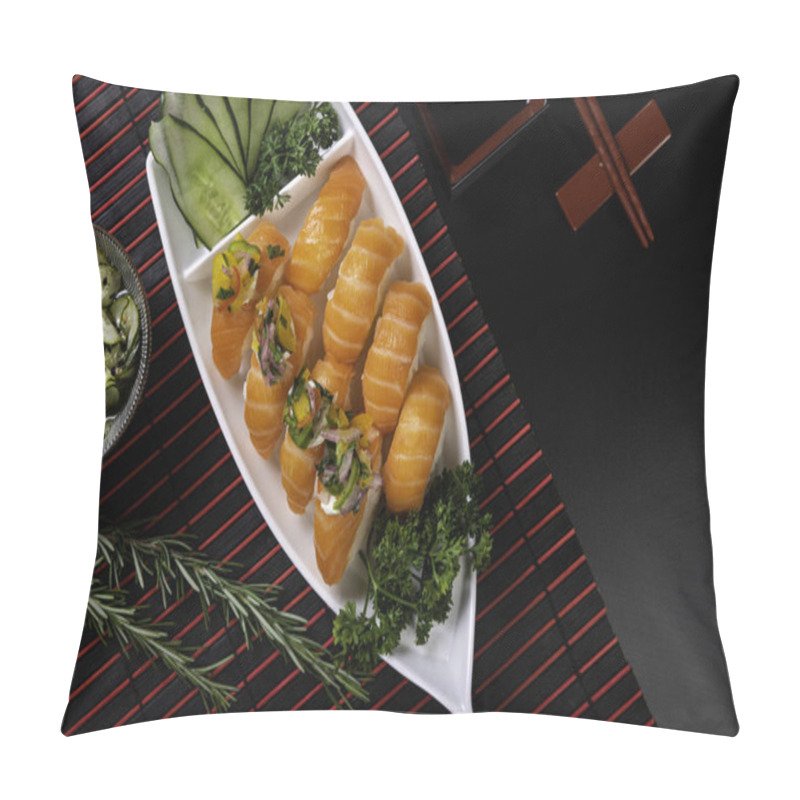 Personality  Several Salmon Nigiri In Black Boat Shape. Black Background. Japanese Food Concept. Pillow Covers