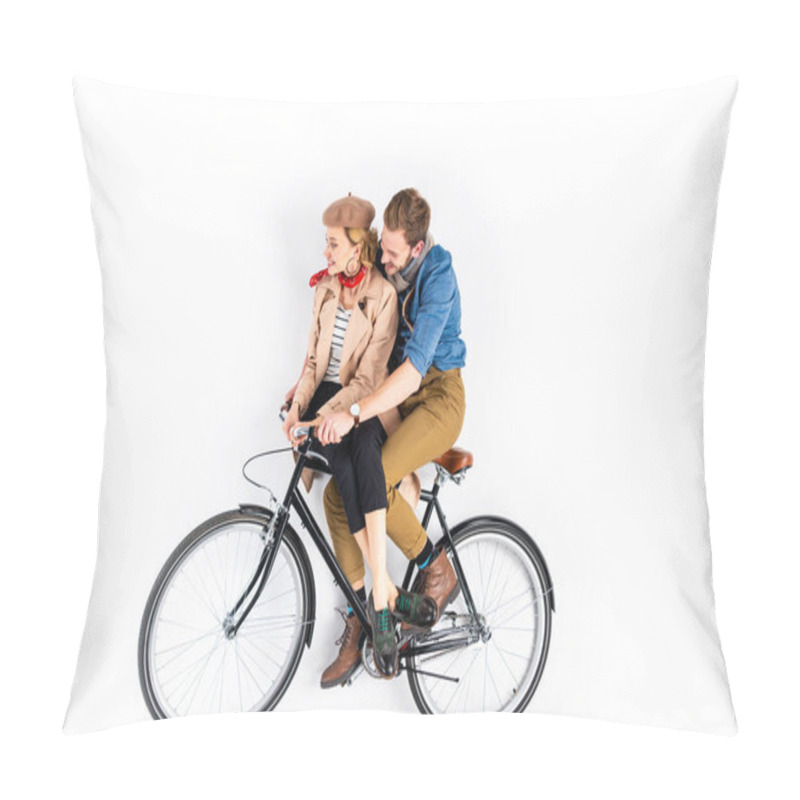 Personality  Smiling Stylish Couple Riding Bicycle Together On White Background Pillow Covers