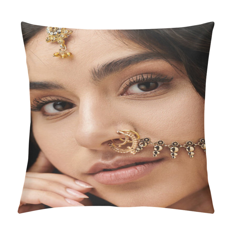 Personality  A Captivating Young Indian Woman Proudly Displays Her Intricate Nose Piercing. Pillow Covers