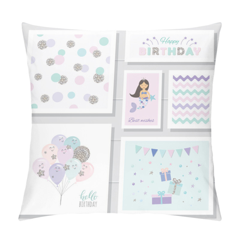 Personality  Cute Birthday Cards Set For Girls. With Glitter Elements. Mermaid And Balloons Cartoon Characters. Polka Dots Seamless Pattern. Pillow Covers