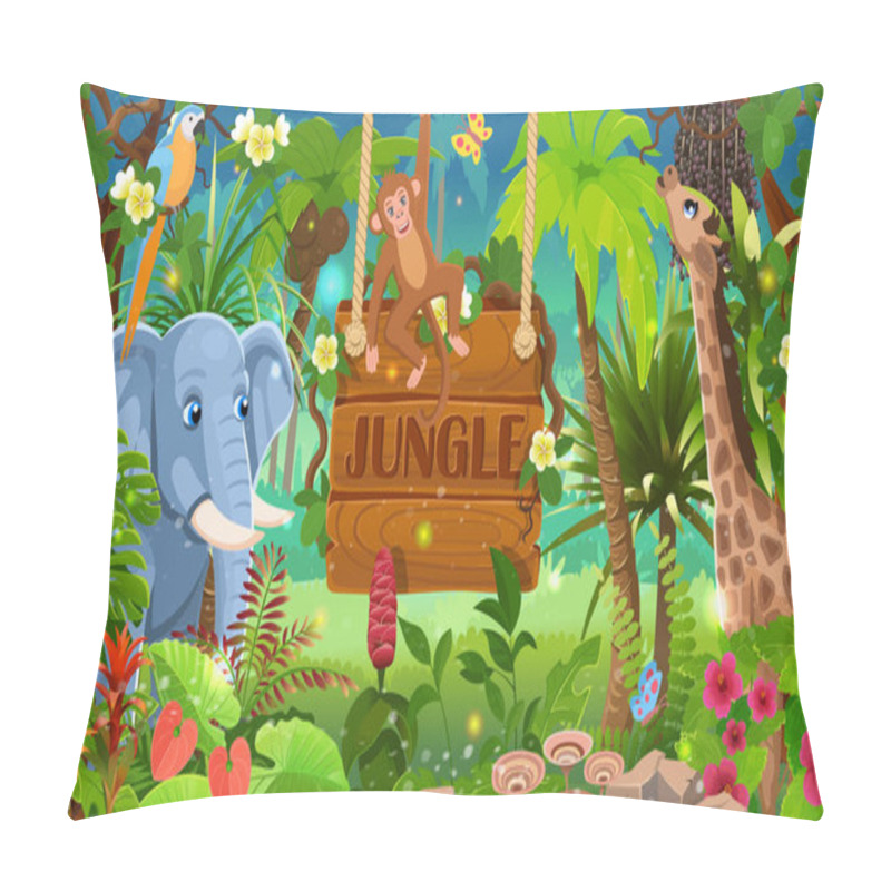 Personality  Cartoon Tropical Forest With Wooden Board And Animals, Elephant, Monkey, Parrot, Giraffe. Jungle Forest View. Jungle With Green Tropical Trees, Plants, Shrubs And Flowers. Wildlife Panoramic   Pillow Covers