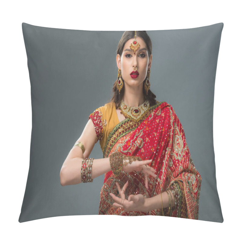 Personality  Attractive Indian Woman Gesturing In Traditional Clothing, Isolated On Grey  Pillow Covers