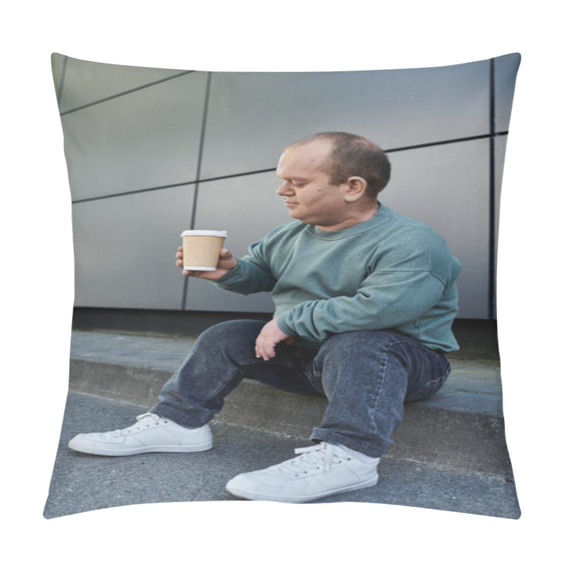 Personality  A Man With Inclusivity Sits On A Curb, Holding A Coffee Cup, Seemingly Lost In Thought. Pillow Covers