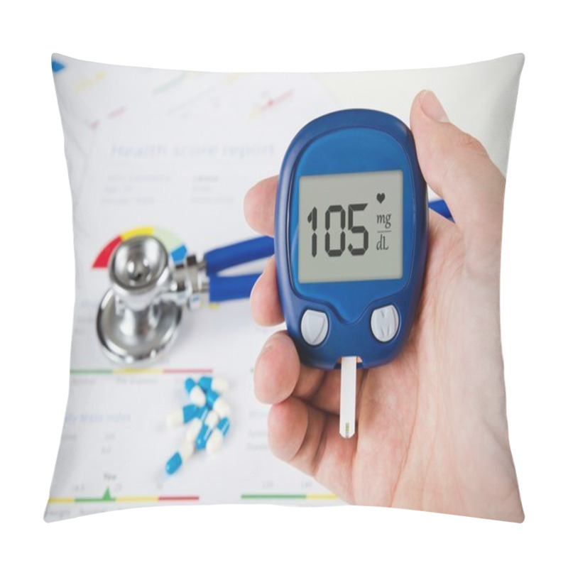 Personality  Hand Holding Glucometer. Stethoscope And Pills In Background Pillow Covers