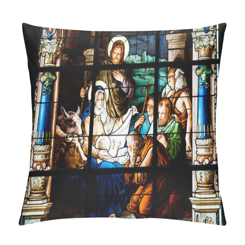 Personality  Nativity Scene. Stained Glass Window In The German Church (St. G Pillow Covers