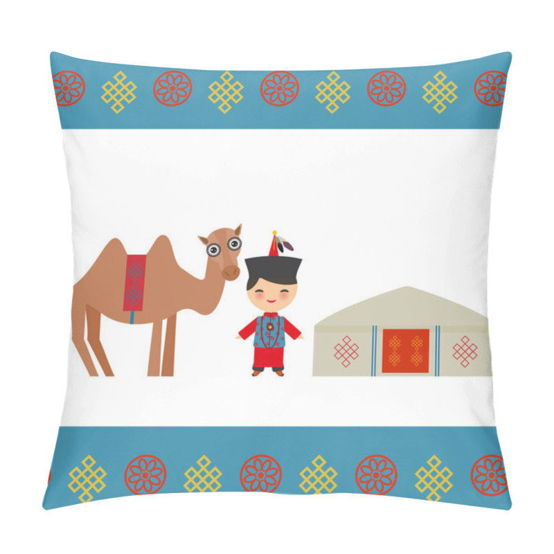 Personality  Mongolian Boy In National Costume, Camel. Architecture Of Mongolia Traditional Dwellings, Such As The Yurt And The Tent. Covered With Skins Or Felt, Nomads In The Steppes Of Central Asia. Vector Illustration Pillow Covers