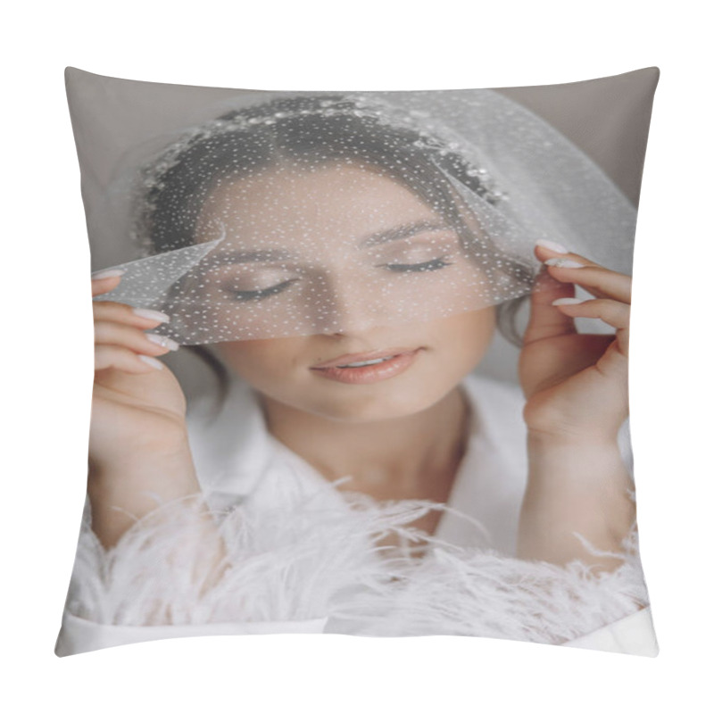 Personality  Morning Of Bride Before The Wedding. Beautiful Young Woman With Long Veil In A White Robe. Natural Beauty And Professional Make-up.Girl In White Lace Boudoir Dress. Pillow Covers