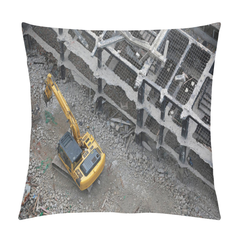 Personality  The Backhoe Demolition Of The Building. Pillow Covers