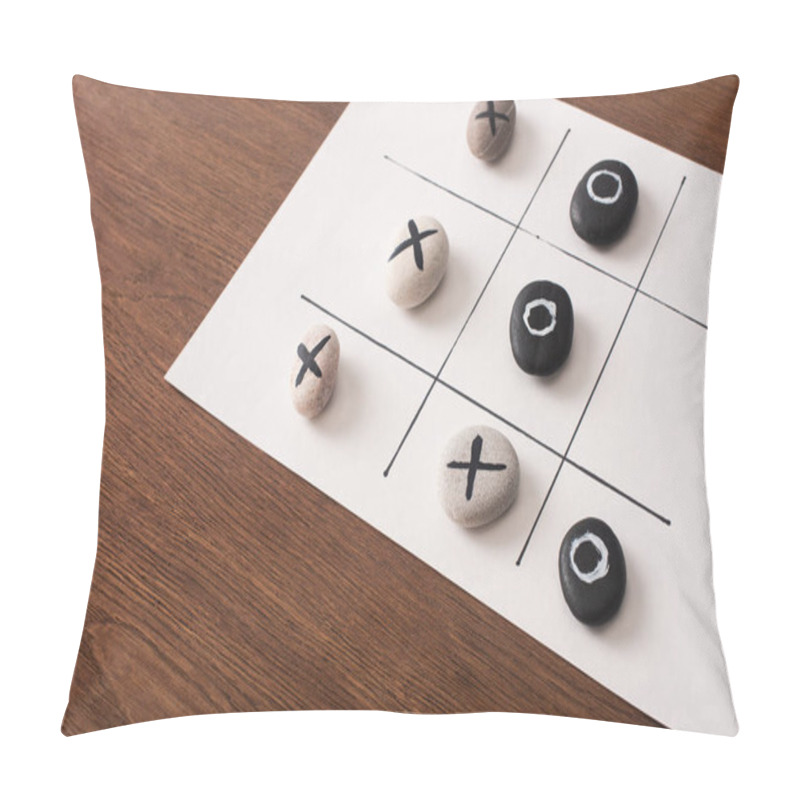 Personality  Tic Tac Toe Game On White Paper With Pebbles Marked With Naughts And Crosses On Wooden Surface Pillow Covers