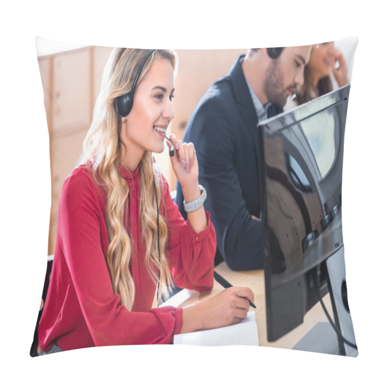 Personality  Selective Focus Of Smiling Call Center Operator Working In Office Pillow Covers