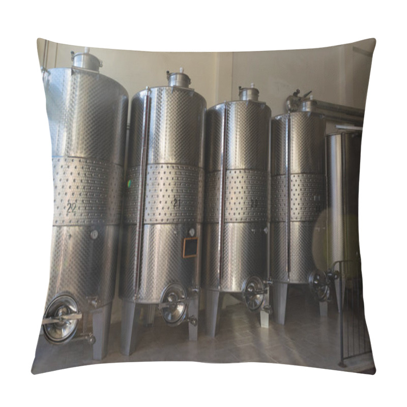 Personality  Modern Bio Wine Production Factory In Italy, Inox Steel Tanks Used For Fermentation Of Wine Grapes Pillow Covers