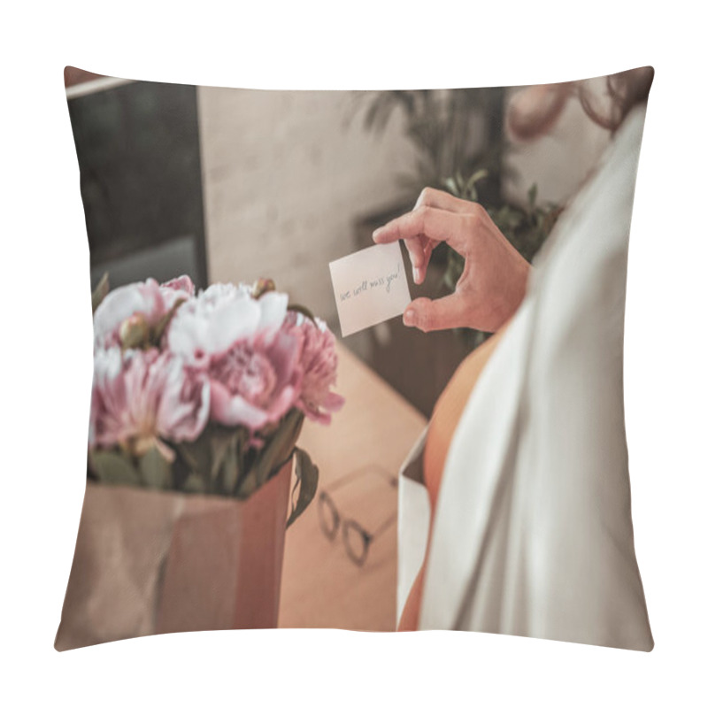 Personality  Happy Sentimental Woman Receiving Beautiful Bouquet From Her Workmates Pillow Covers