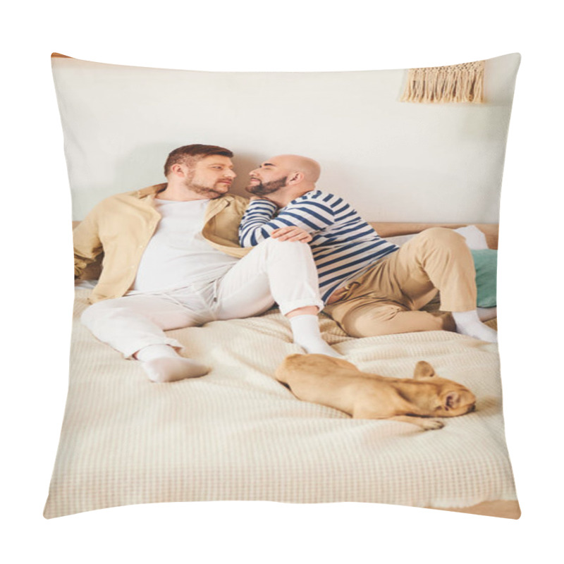 Personality  Two Men Laying On A Bed With Their French Bulldog Beside Them. Pillow Covers