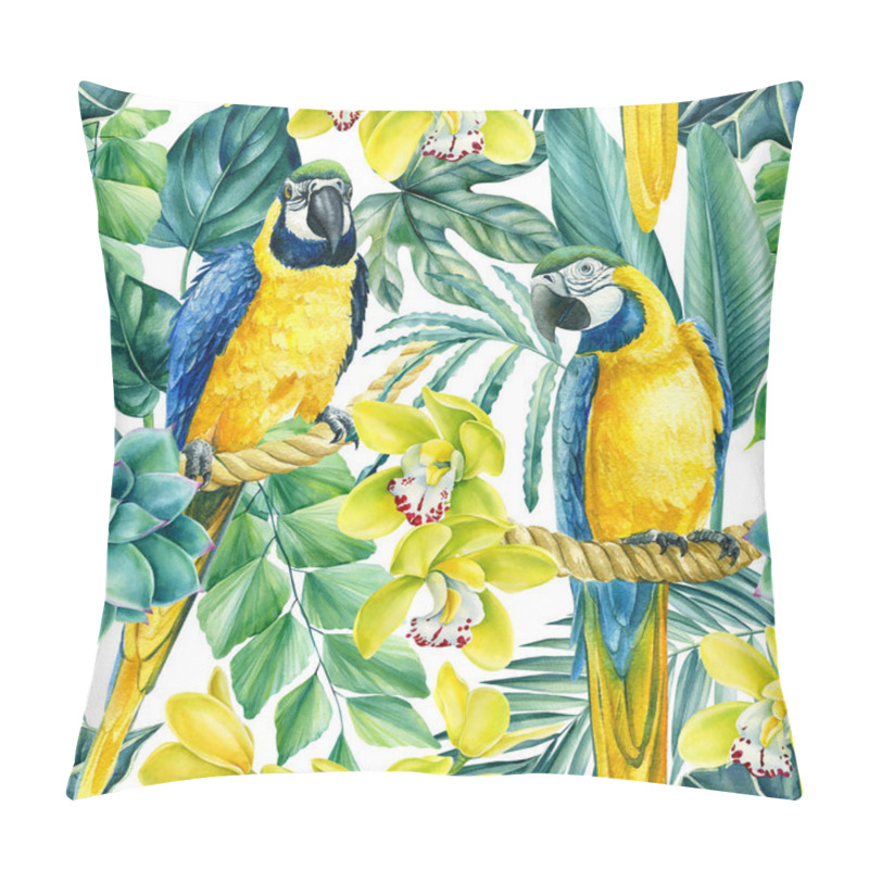 Personality  Seamless Pattern Of Tropical Leaves, Orchid Flowers And Macaw Parrots, Jungle Background, Watercolor Painting Pillow Covers