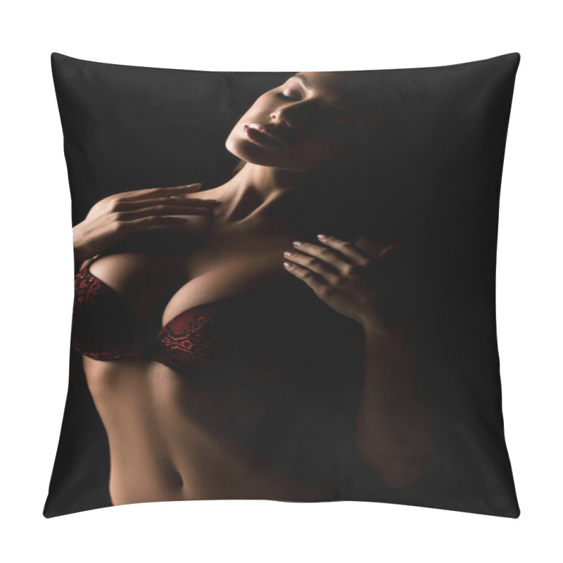 Personality  Sensual Girl With Big Breasts In Lace Bra Posing With Closed Eyes Isolated On Black Pillow Covers