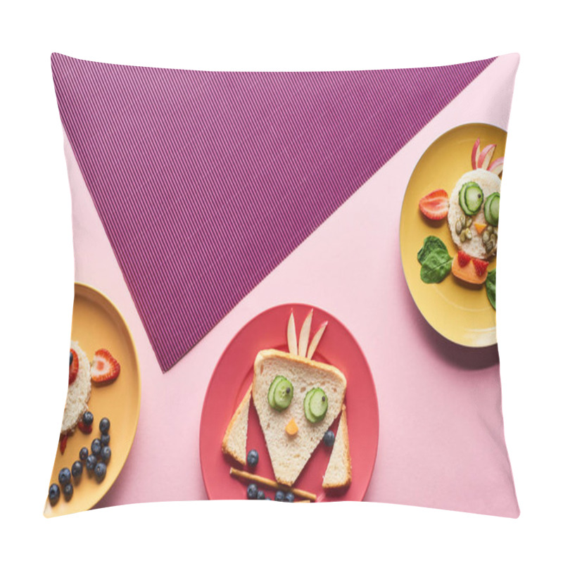 Personality  Top View Of Plates With Fancy Animals Made Of Food On Pink And Purple Background Pillow Covers